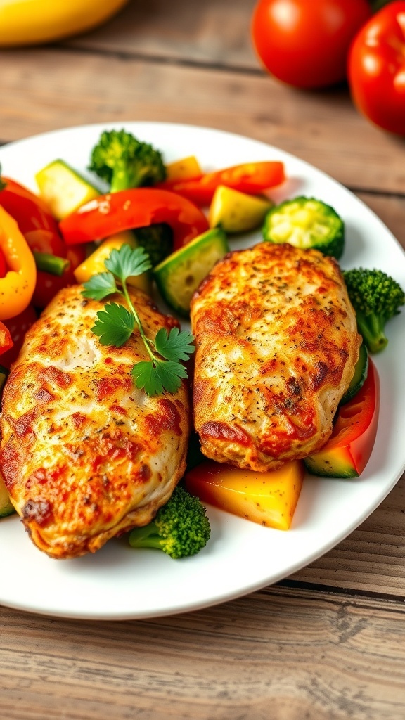Healthy Air Fryer Chicken and Vegetables Air-fried chicken and vegetables on a plate, garnished with parsley, on a wooden table.